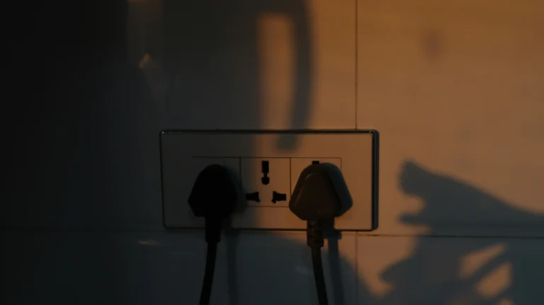 Power outlet in a dim, dark room representing a partial home power loss.