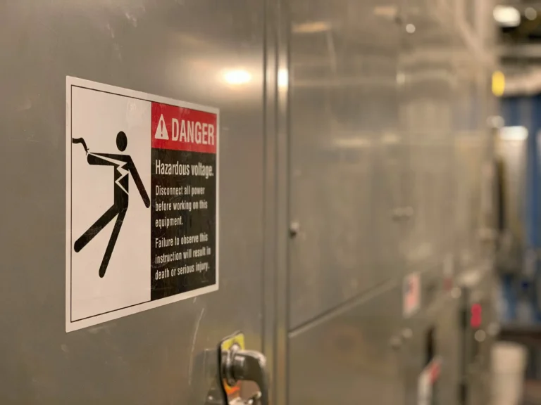 High voltage danger sign on an electrical panel representing emergency risks like sparks and dead panels.
