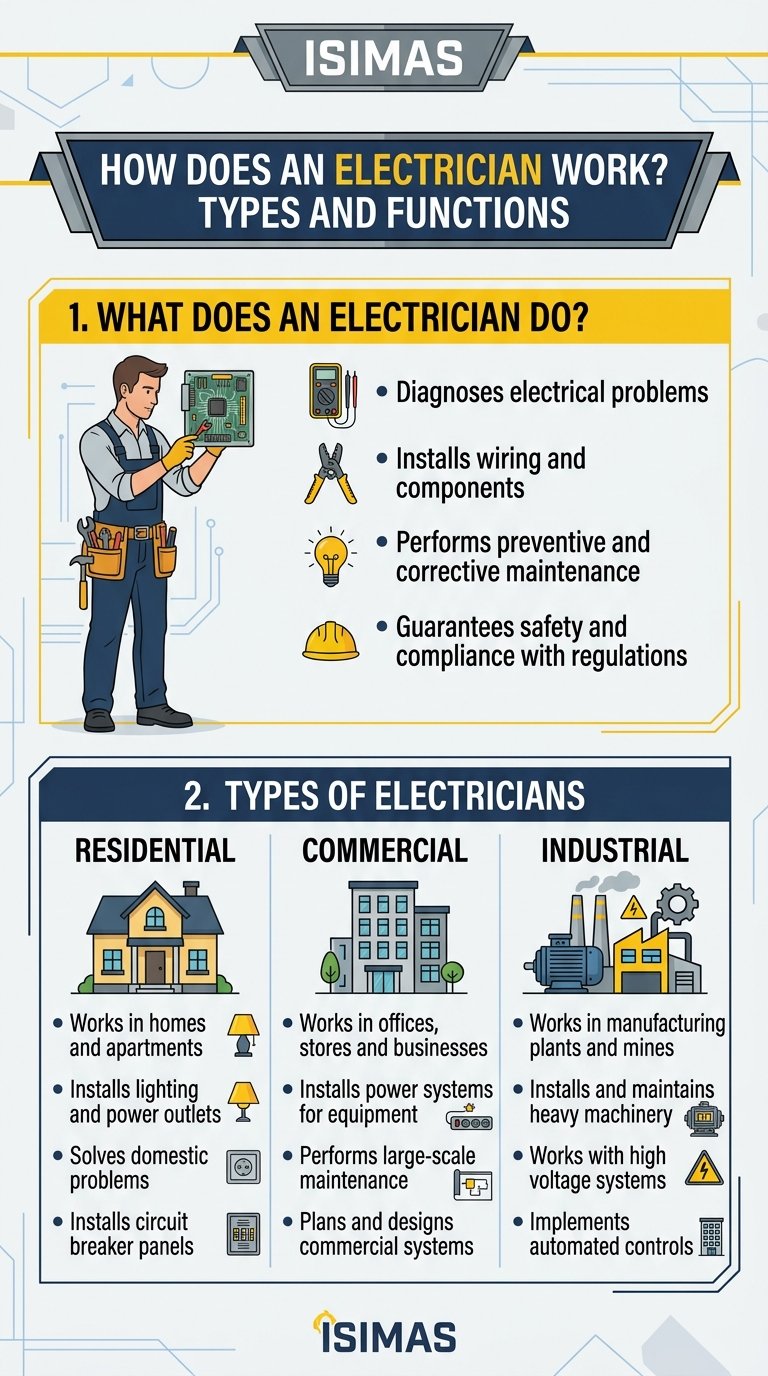 Infographic showing the types and functions of electricians