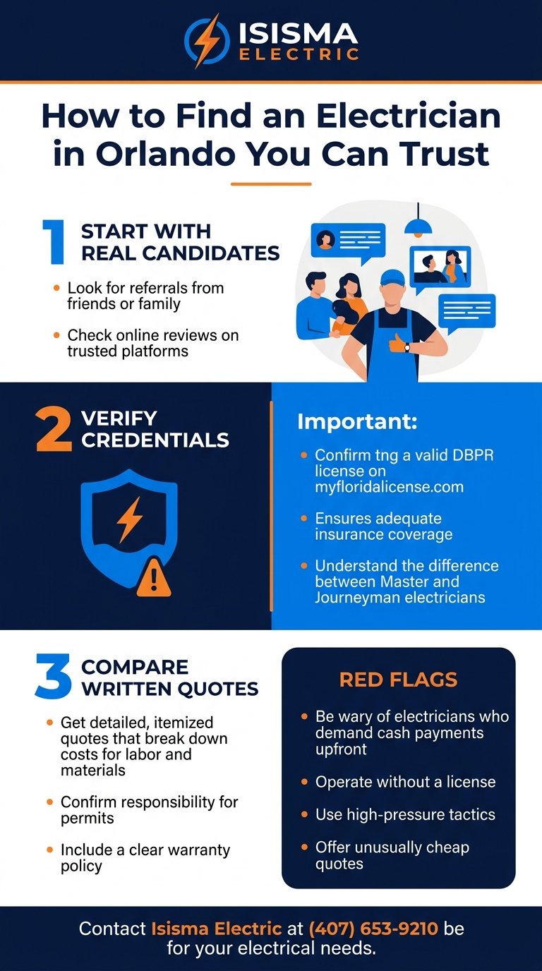 Infographic showing how to find a trusted electrician in Orlando