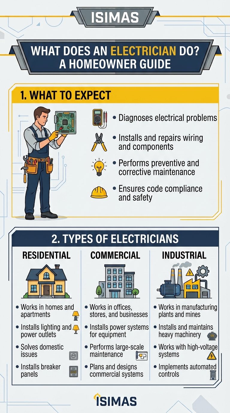 Infographic explaining what an electrician does and the different types of electricians