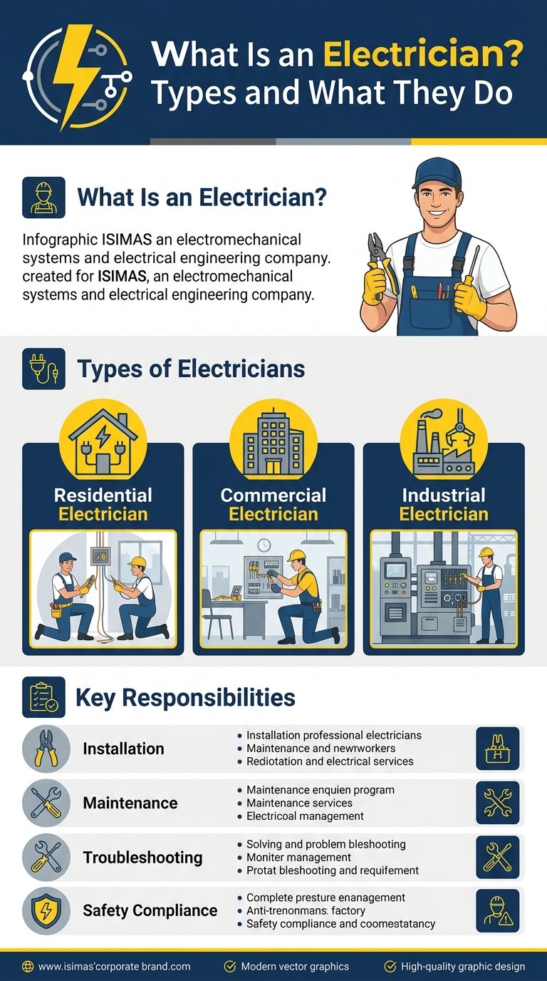 Infographic explaining what an electrician is, the types of electricians, and their key responsibilities